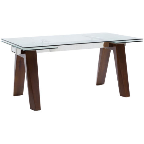 Table de repas extensible Karone 160-240cm - Plateau en verre et piétement bois massif de noyer