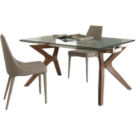 Table de repas extensible Ladyane 160-240cm - Plateau en verre et piétement bois massif noyer
