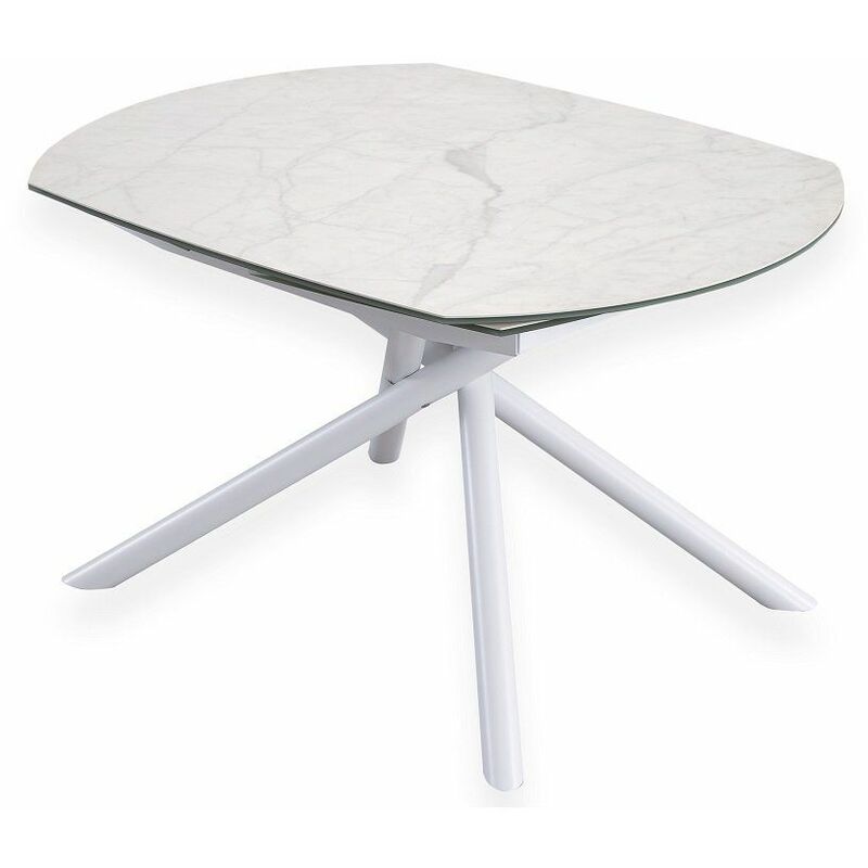 Table de repas extensible mikado plateau céramique marbre blanc collé sur verre trempé, piétement en métal blanc mat