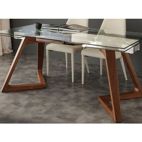 Table de repas extensible plateau en verre et piétement bois massif noyer Kudane-Longueur 160/240 cm