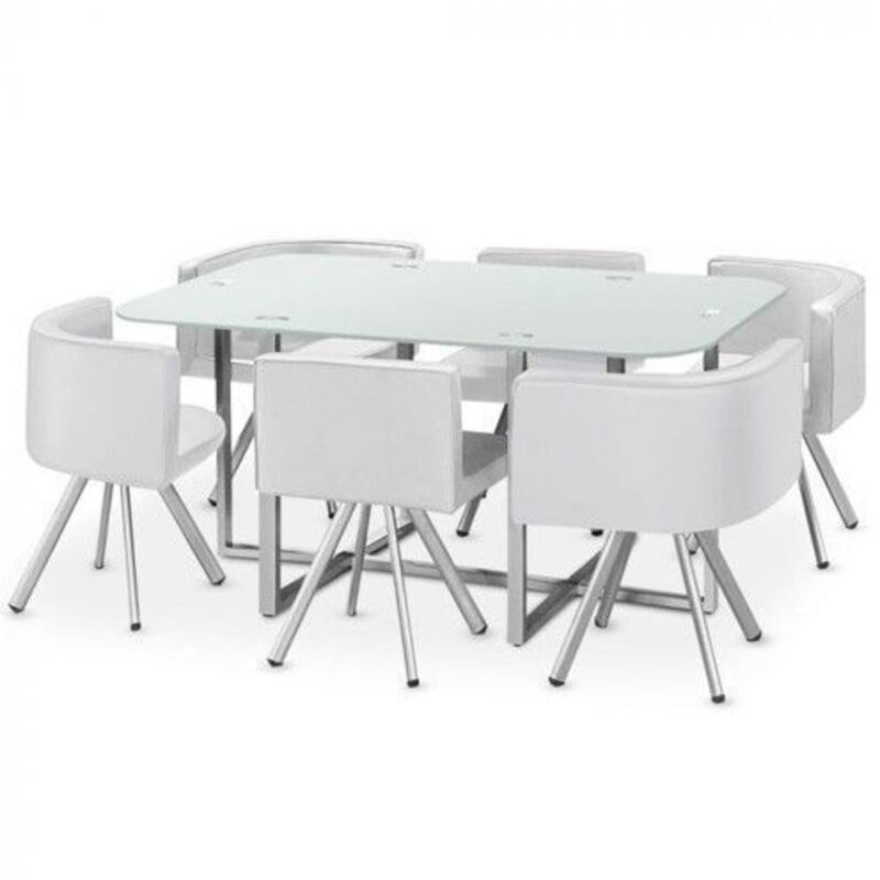 Table de Repas - GIOVANNI MARCHESI - Madrid - 6 Chaises - Métal Laqué - Verre Blanc
