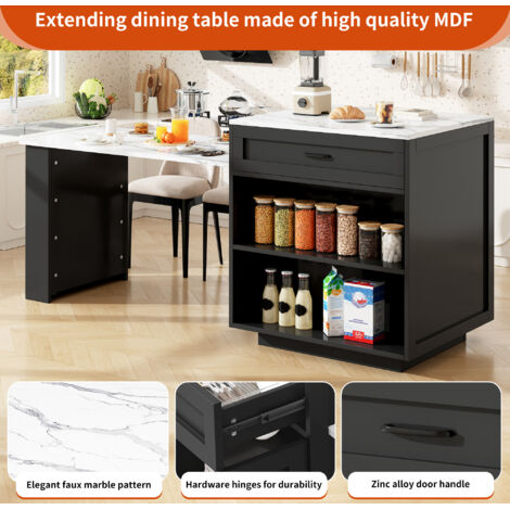 Table de repas portable avec espace de rangement (133-202×70×93,5 cm). Comprend 2 tiroirs et 2 compartiments. Tablette de repas pour 2 à 6 personnes. Plateau de cuisine avec des épaisseurs latérales. 