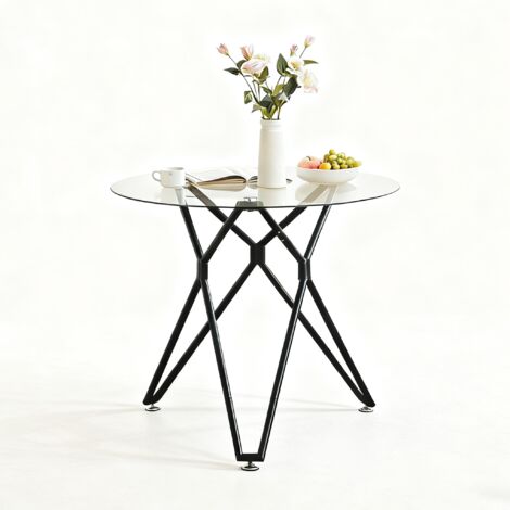 Table de repas ronde de 90 cm, faite de verre dur. Conforme pour 1 à 4 personnes. Tablette de cuisine compacte, équipée de pieds métalliques stables. Parfait pour les salles à manger et les salons. En