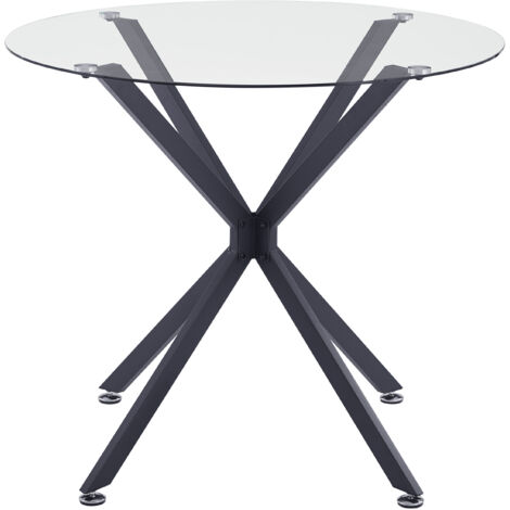 Table de repas ronde – Verre durci – Diamètre 90 cm – 1 à 4 personnes – Pieds métalliques stables – Noire – Idéale salon et salle à manger