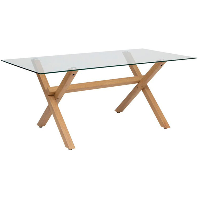 Pegane - Table de repas, table à manger rectangulaire en verre et pieds en acier effet chêne - Longueur 180 x Profondeur 90 x Hauteur 74,5 cm