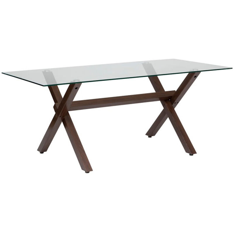 Pegane - Table de repas, table à manger rectangulaire en verre et pieds en acier effet noyer - Longueur 180 x Profondeur 90 x Hauteur 74,5 cm