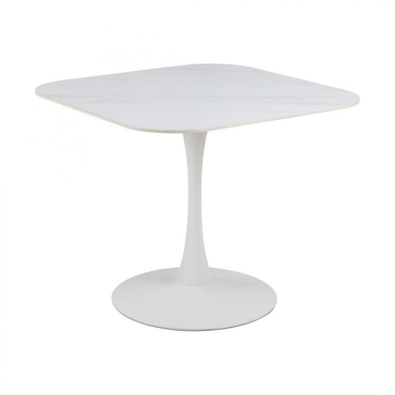Table de repas tulipe max plateau carré en céramique blanc et piétement en acier blanc mat 90 x 75 cm