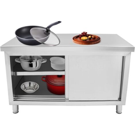 Table de restaurant en acier inoxydable avec portes coulissantes, Table de travail 120 x 50 x 86 cm, Plan de travail, Armoire en acier inoxydable avec espace de rangement pour cuisine, garage, jardin,