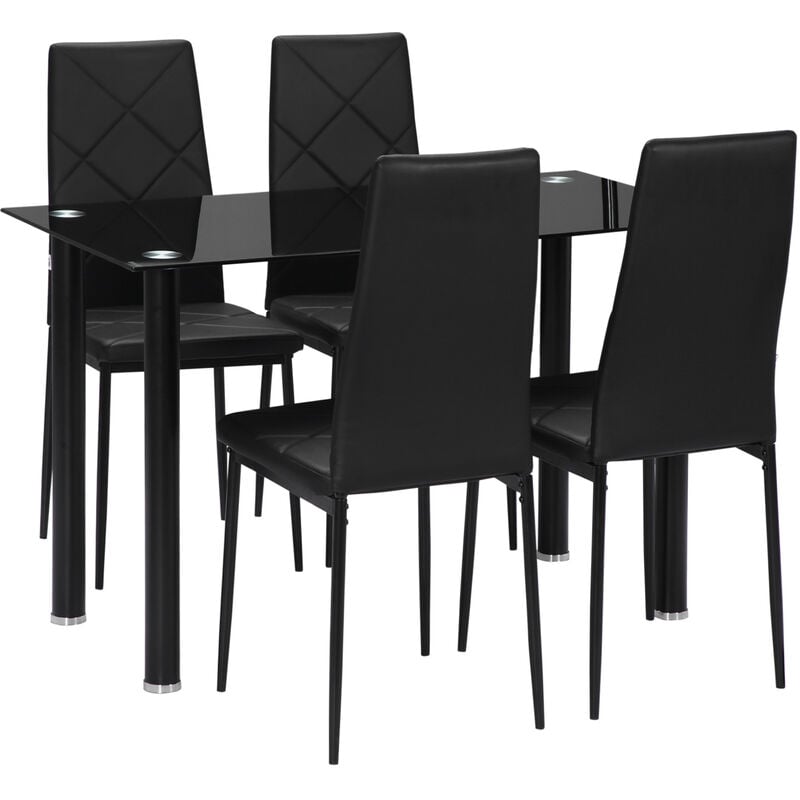 Table de salle à manger avec 4 chaises design contemporain Chesterfield acier plateau verre trempé pvc effet capitonné noir