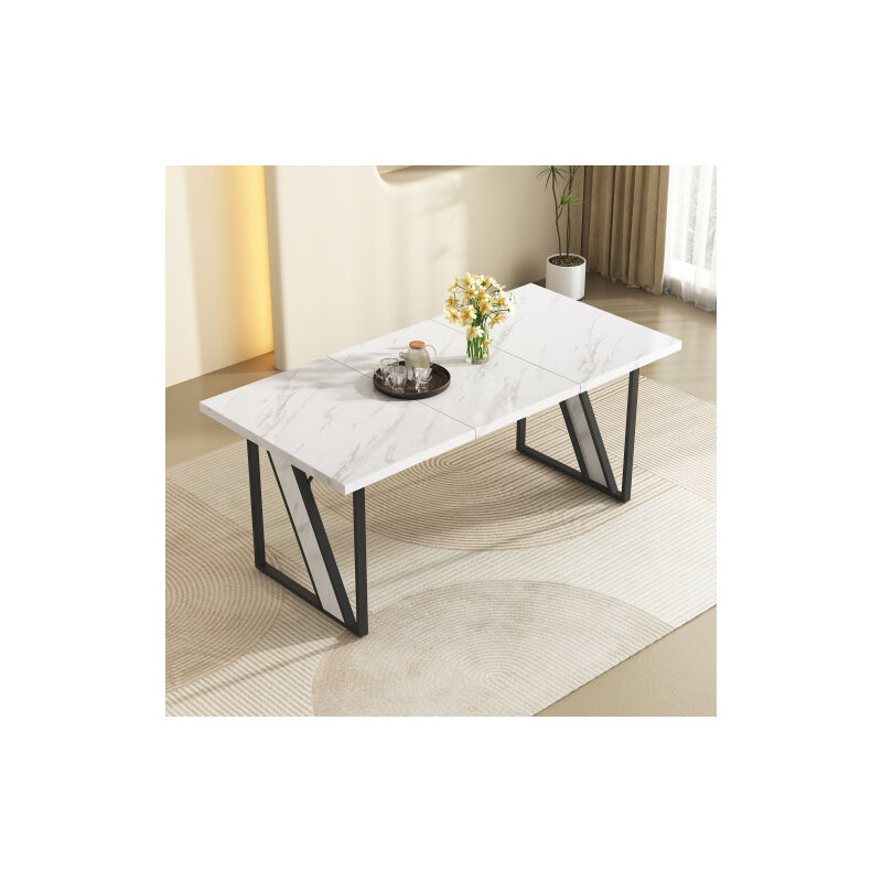 Table de salle à manger blanche 4 personnes, 160×80 cm Table de salle à manger moderne en marbre pour la salle à manger et la cuisine
