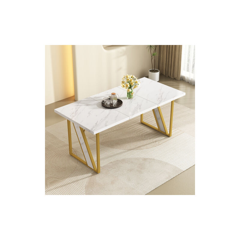 Table de salle à manger blanche 4 personnes, 160×80 cm Table de salle à manger moderne en marbre pour la salle à manger et la cuisine,Gold