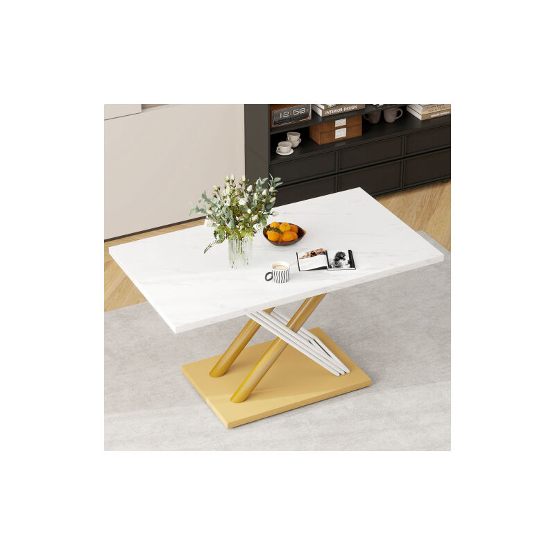 Table de salle à manger blanche 4 personnes avec plateau imitation marbre, pieds réglables, table de cuisine moderne pour la salle à manger et la