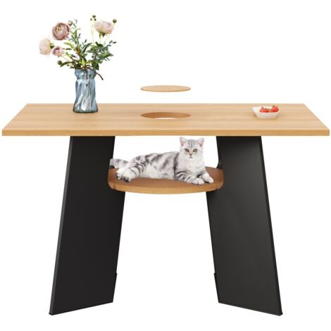 Table de salle à manger conviviale pour animaux avec niche intégrée et étagère - 6 personnes 130x85 cm bois naturel et noir