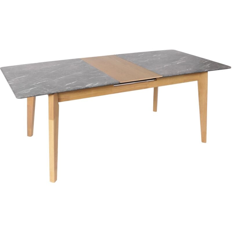 Table de salle à manger en bois et hpl 160-200 x 90 cm extensible aspect marbre/pierre pieds clairs 040008548