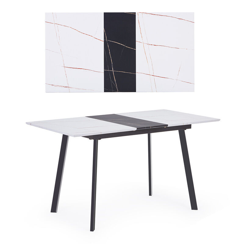 table de salle à manger extensible 110/140x75x77cm, plateau blanc mat avec inserts en bois massif, cadre en acier & pieds en tube carré, pour la