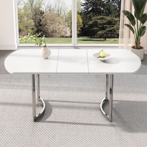 Table de salle à manger extensible 140/180 x 80 cm, longueur extensible 180 cm, pieds métalliques argentés, style moderne, support en alliage haute résistance, adaptée pour 4 à 6 personnes, pieds blan