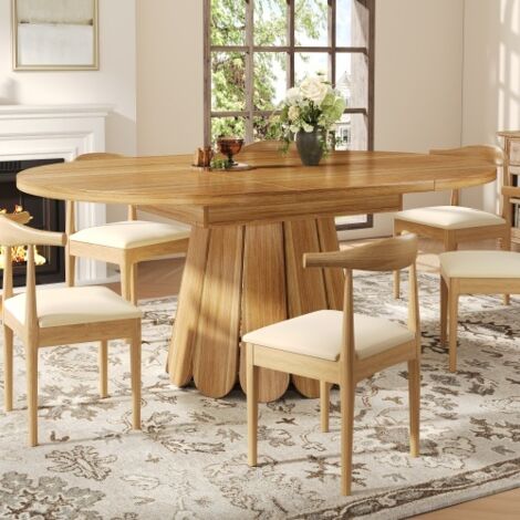Table de salle à manger extensible, table bois, table ronde transformable en ovale, table marron
