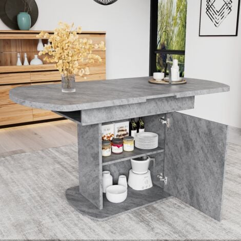 BASETBL Table de salle à manger ovale extensible, L110 / 130 x W70 x H75cm,avec rangement,table à manger multifonctionnelle peu encombrante minimaliste moderne, Aspect béton + poignée argentée