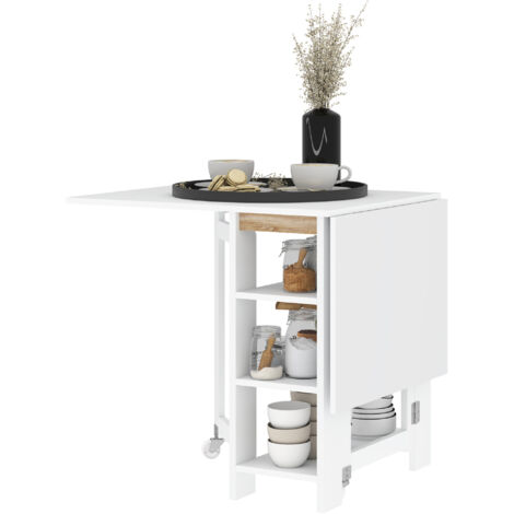Table de salle à manger pliante 3 étagères amovibles 2 rabats design moderne blanc 120x60x75 cm