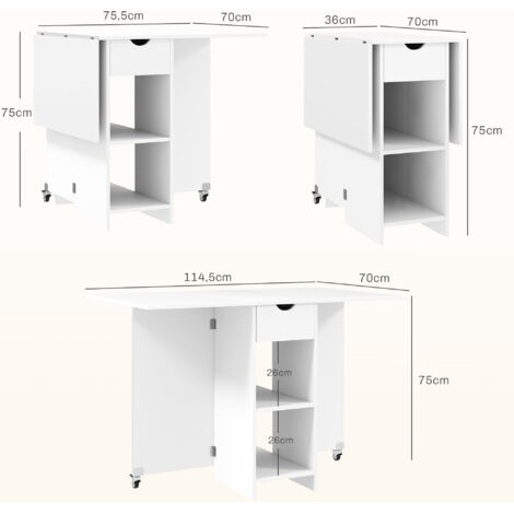 Table de salle à manger pliante pour 2 à 4 personnes, table de cuisine pliante avec espace de rangement, table extensible sur roulettes, blanche