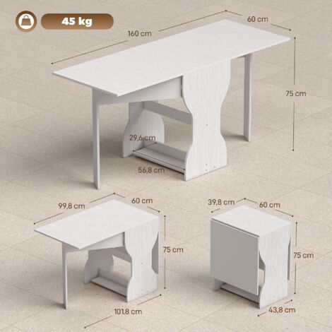 Table de salle à manger pliante, table de cuisine avec rangement pour 2 à 4 personnes, table pliante idéale pour les petits espaces, salle à manger, 160 x 60 x 75 cm, blanche