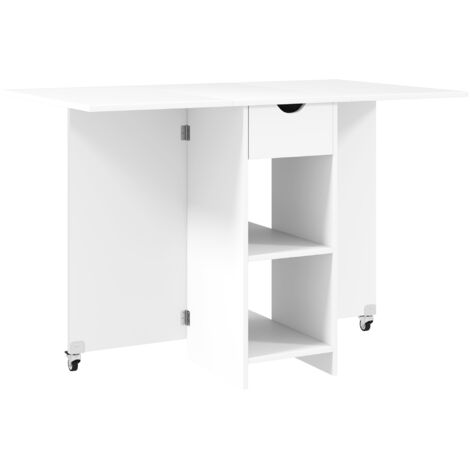Table de salle à manger pliante, table de cuisine mobile pour 2 à 4 personnes avec étagères ouvertes, 1 tiroir, table pliante idéale pour les petits espaces, dimensions : 114,5 x 70 x 75 cm, blanche