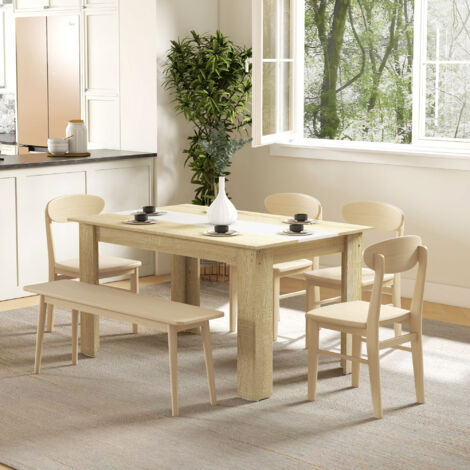 Table de salle à manger pour 6 personnes en bois aspect naturel et blanc. dim. 140L x 90l x 75H cm