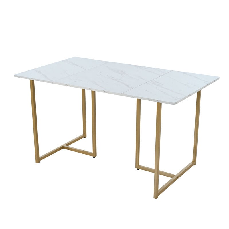 table de salle à manger rectangulaire 140x80x75cm, structure en métal,pieds de support en forme de l, plateau en marbre, blanc/doré