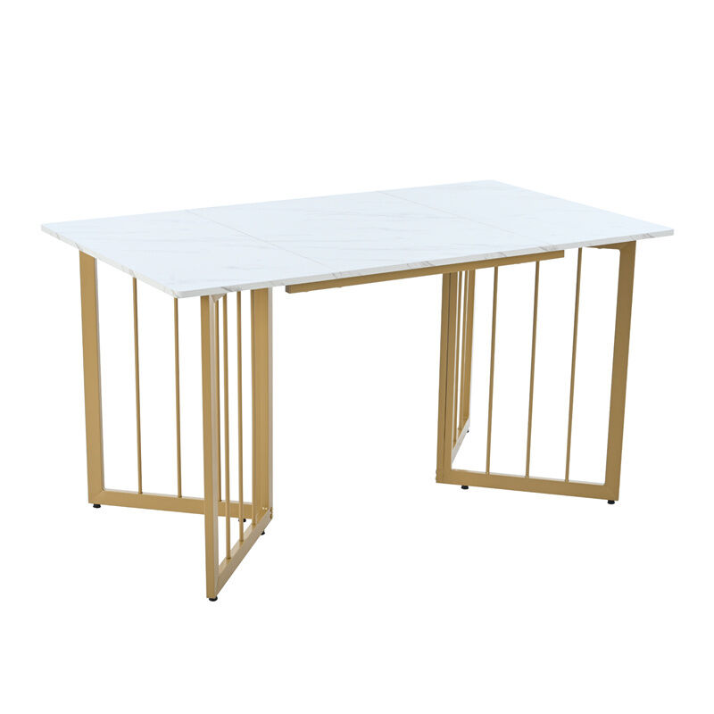 table de salle à manger rectangulaire 140x80x75cm, structure en métal,pieds de support en forme de v, plateau en marbre, blanc/doré