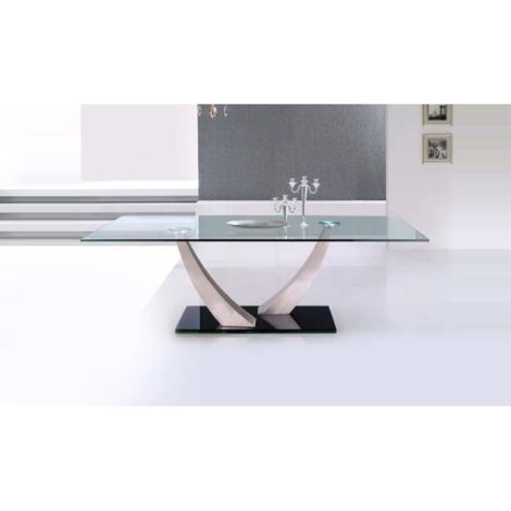 Table de salle à manger rectangulaire 180x90cm – Plateau en verre trempé 12mm – Structure métal chromé – Pour 6 convives – Meubler Design