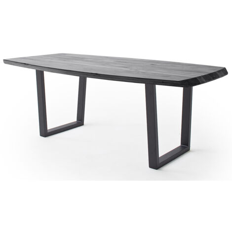 Table de salle à manger rectangulaire en bois d'acacia coloris gris, pieds en métal peint anthracite - longueur 220 x hauteur 77 x profondeur 100 cm