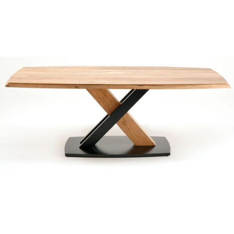 Table de salle à manger rectangulaire en bois d'acacia massif coloris naturel et pieds croisés en métal laqué noir mat - longueur 180 x hauteur 77 x profondeur 100 cm