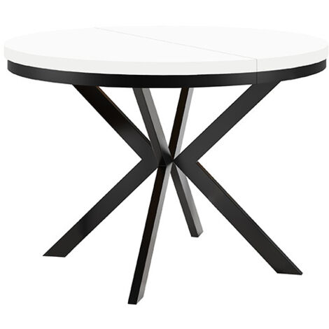 Table de salle à manger ronde extensible ENDIK avec cerclage métallique, diamètre : 90 / 140 cm, couleur : blanc / noir