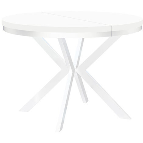 Table de salle à manger ronde extensible ENDIK, avec cerclage métallique, style loft, industriel, diamètre : 90 / 140 cm, couleur : blanc