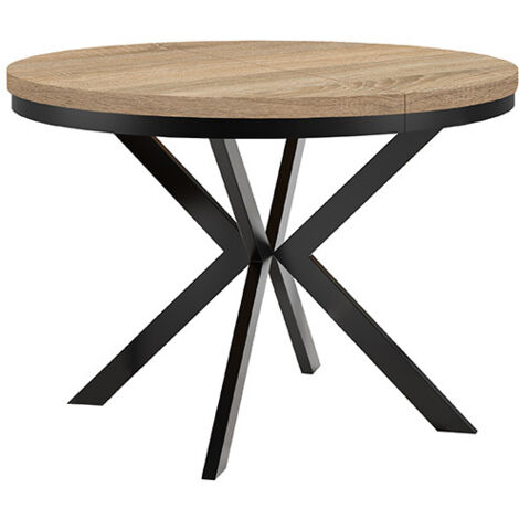 Table de salle à manger ronde extensible ENDIK avec cerclage métallique, style loft, industriel, diamètre : 90 / 190 cm, couleur :Sonoma / noir