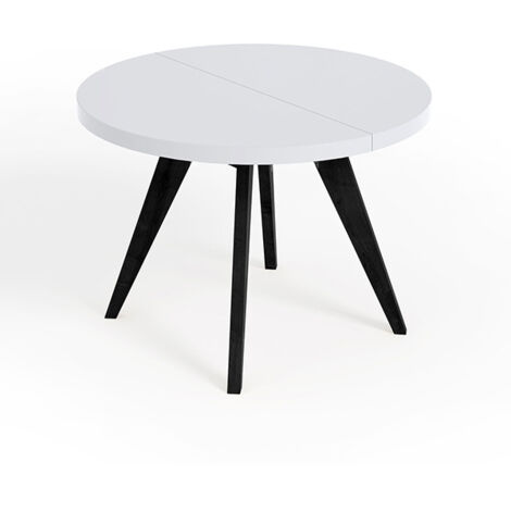 Table de salle à manger ronde extensible LORA, style loft, scandinave, diamètre : 90 / 190 cm, couleur : blanc / noir