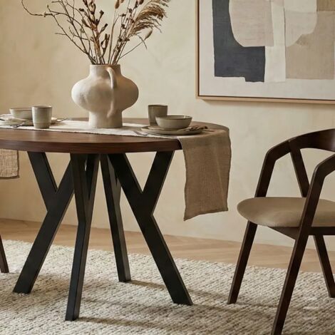 Table de salle à manger ronde extensible PERO avec cerclage métallique, style loft, scandinave, diamètre : 100 / 150 cm, couleur : Lancelot / noir