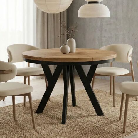 Table de salle à manger ronde extensible PERO avec cerclage métallique, style loft, scandinave, diamètre : 100/150 cm, couleur :Sonoma/noir