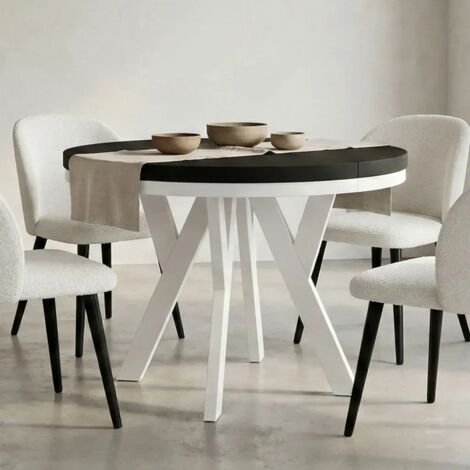 Table de salle à manger ronde extensible PERO avec cerclage métallique, style loft, scandinave, diamètre : 90 / 190 cm, couleur : noir / blanc