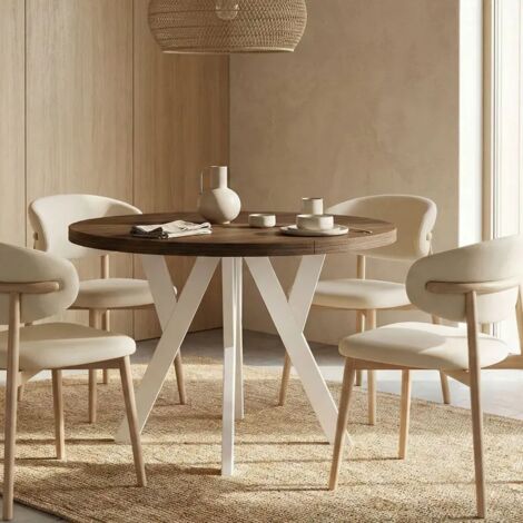 Table de salle à manger ronde extensible PERO, style loft, scandinave, diamètre : 100 / 150 cm, couleur : Franklin noyer / blanc