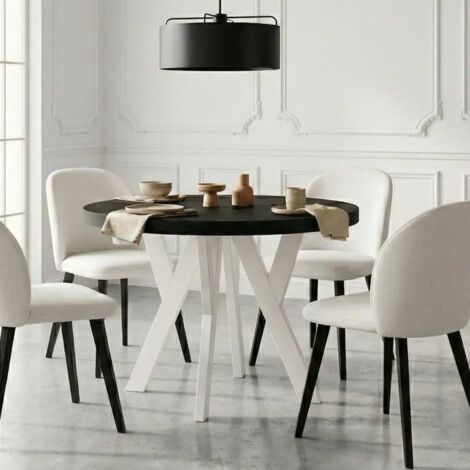 Table de salle à manger ronde extensible, PERO, style loft, scandinave, diamètre : 120 / 220 cm, couleur : noir / blanc