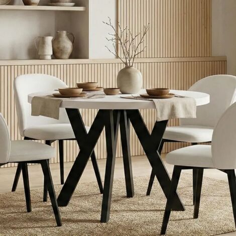 Table de salle à manger ronde extensible PERO, style loft, scandinave, diamètre : 90 / 140 cm, couleur : blanc / noir