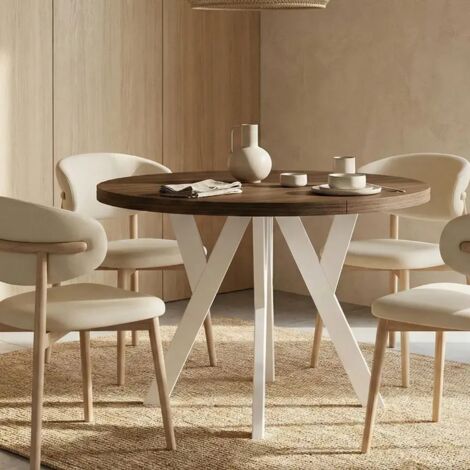 Table de salle à manger ronde extensible PERO, style loft, scandinave, diamètre : 90 / 140 cm, couleur : Franklin noyer / blanc