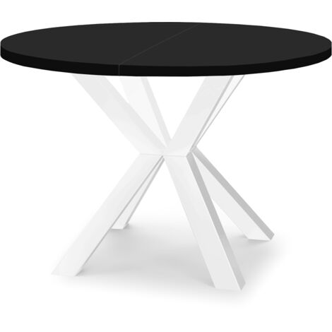 Table de salle à manger ronde extensible RAL avec pieds en bois, style loft, industriel, diamètre : 100 / 200 cm, couleur : noir / blanc