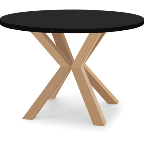 Table de salle à manger ronde extensible RAL avec pieds en bois, style loft, industriel, diamètre : 110 / 160 cm, couleur : noir / naturel