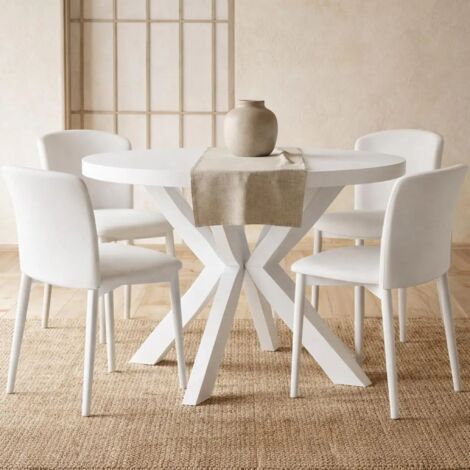 Table de salle à manger ronde extensible RAL avec pieds en bois, style loft, industriel, diamètre : 90 / 140 cm, couleur : blanc