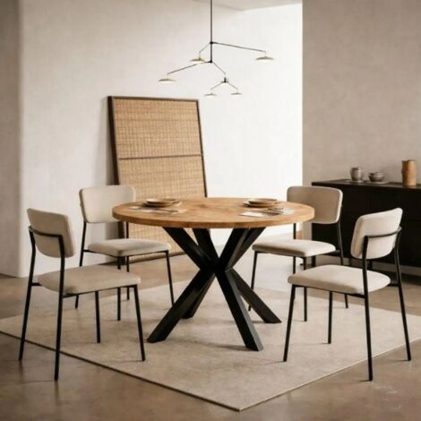 Table de salle à manger ronde extensible RAL avec pieds en bois, style loft, industriel, diamètre : 90 / 140 cm, couleur :Lancelot / noir
