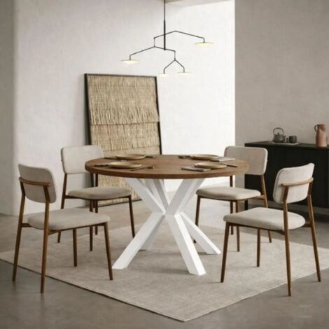 Table de salle à manger ronde extensible RAL avec pieds en bois, style loft, industriel, diamètre : 90 / 140 cm, couleur :Lefkas / blanc