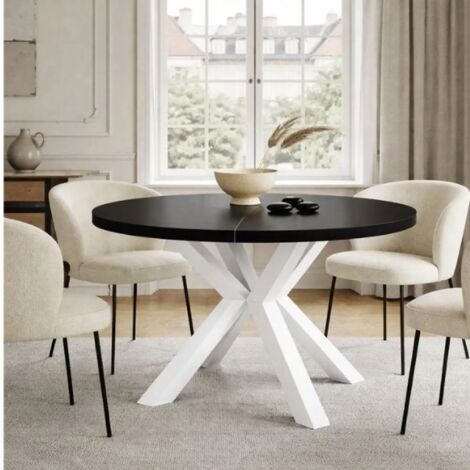 Table de salle à manger ronde extensible RAL avec pieds en bois, style loft, industriel, diamètre : 90 / 140 cm, couleur : noir / blanc