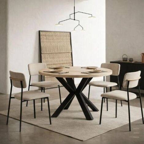 Table de salle à manger ronde extensible RAL avec pieds en bois, style loft, industriel, diamètre : 90 / 140 cm, couleur :sobre / noir